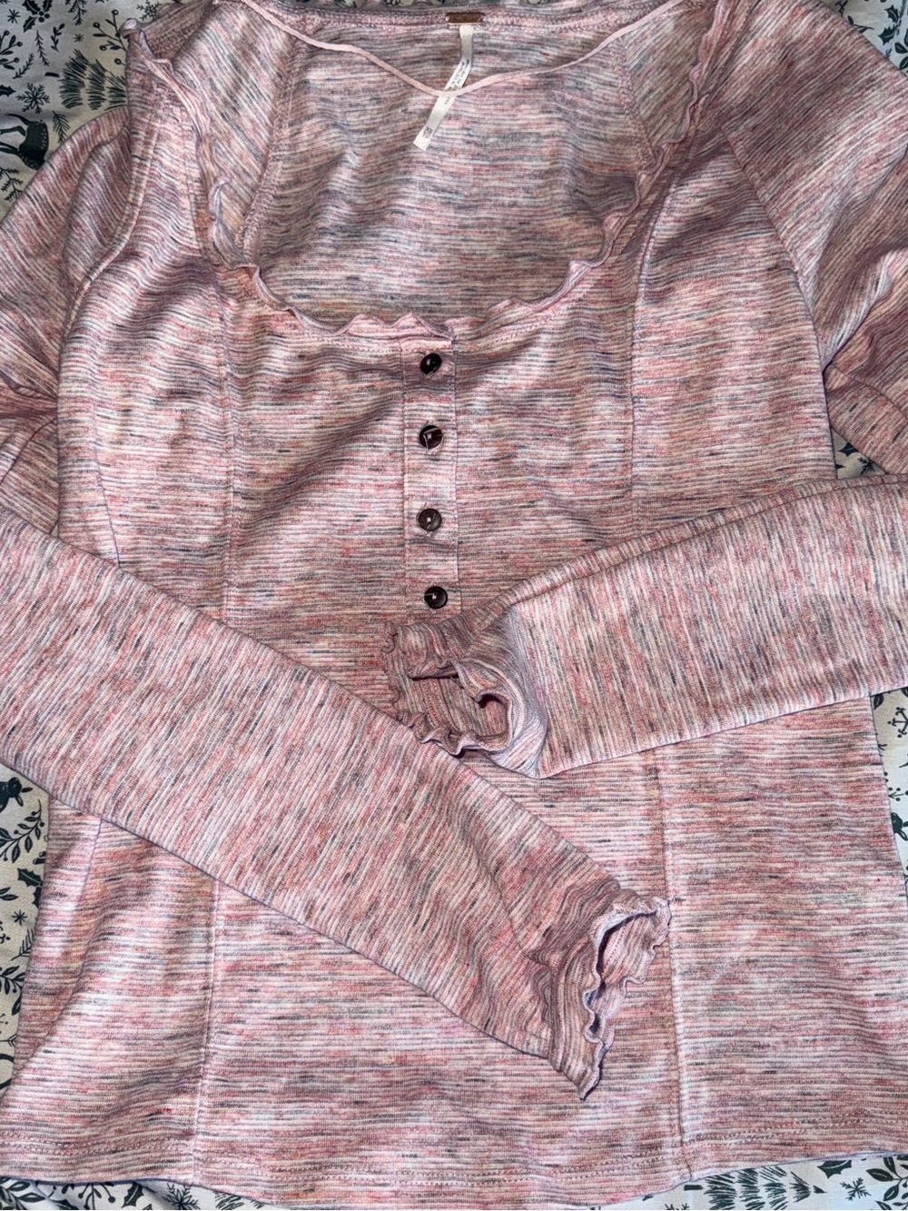 Free People Marled Pink Long-Sleeve Henley Top